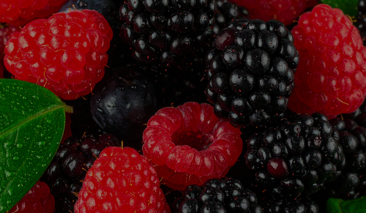 Close-up of raspberries and blackberries with a dark background