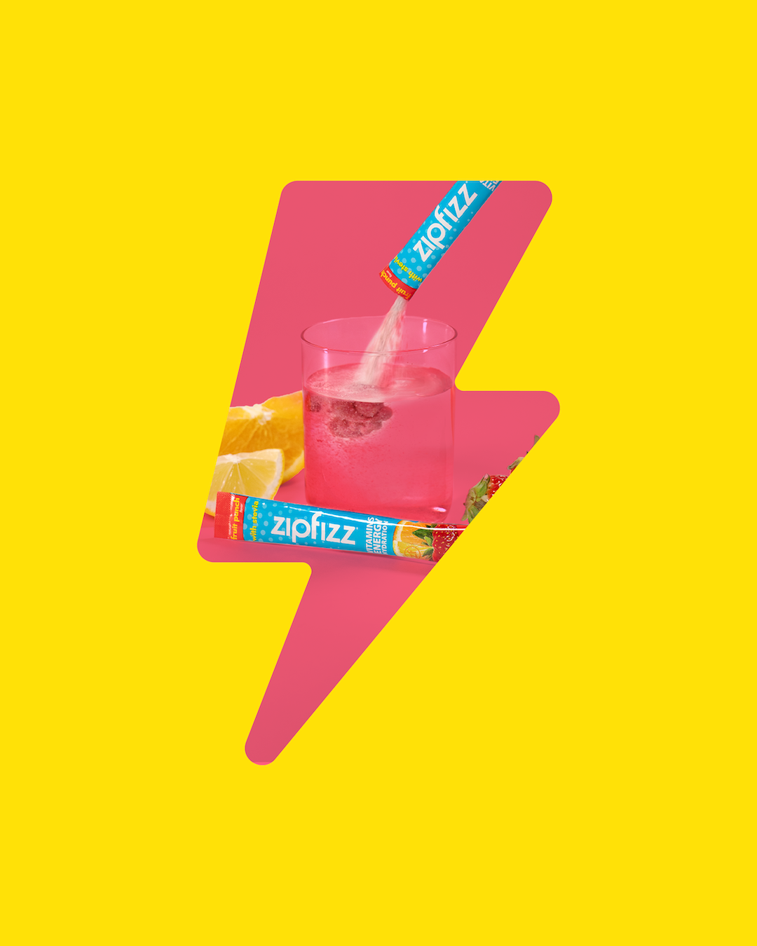Zipfizz drink mix packets with a glass of water on a pink lightning bolt-shaped stand.